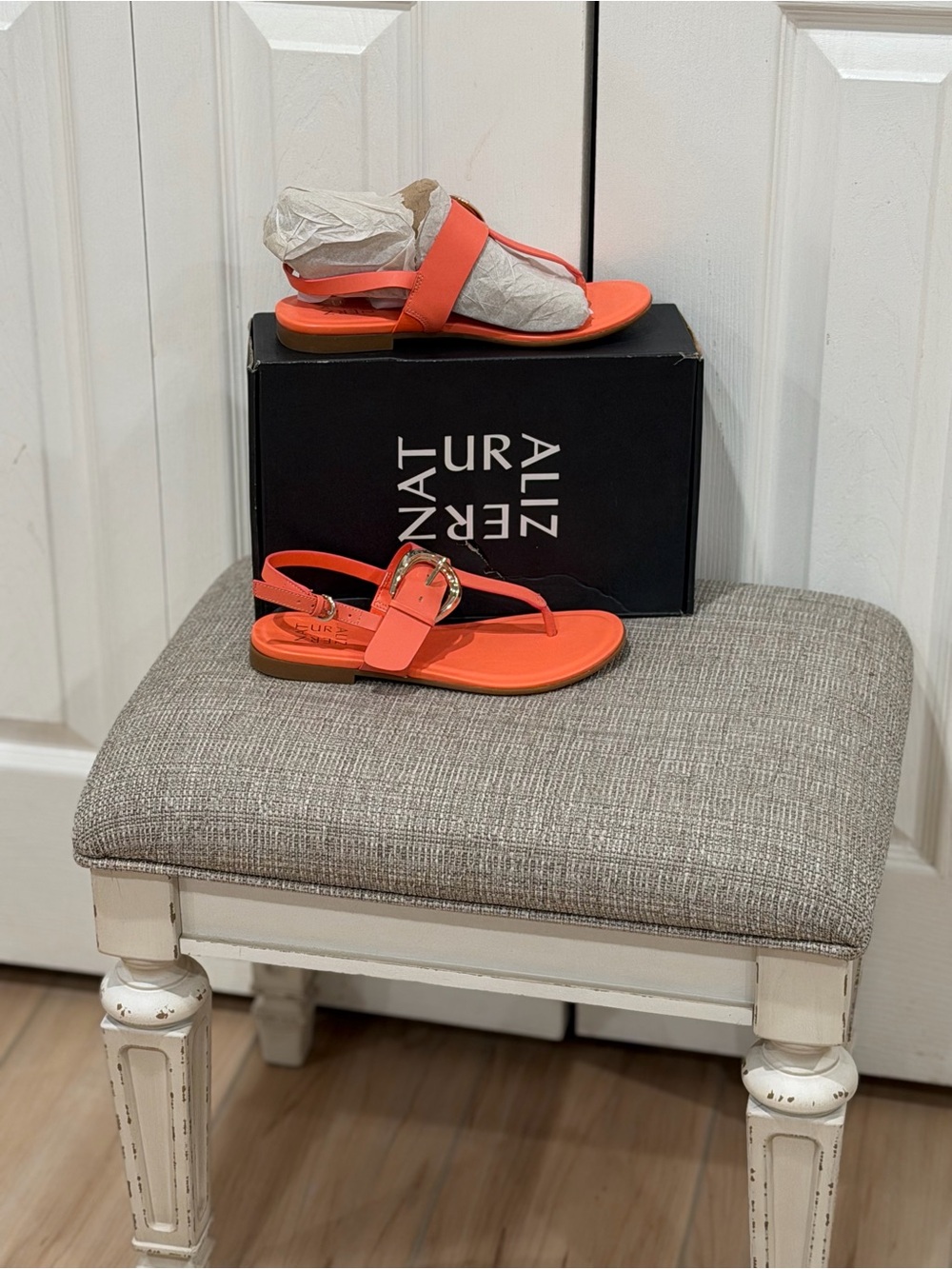 Naturalizer Bright Coral Orange Slingback T-Strap Sandals